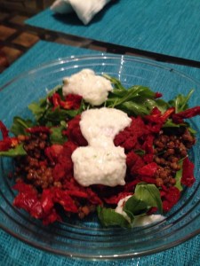 My first attempt to recreate Kohvik Komeet's beet, carrot, and chickpea patty, served over arugula, sun-dried tomatoes and lentils and topped with my homemade tzatziki. At least it looked pretty!